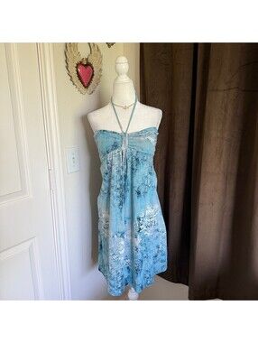 Mudd Women's Medium Blue White Abstract Strapless Halter Dress Ruched Bodice
